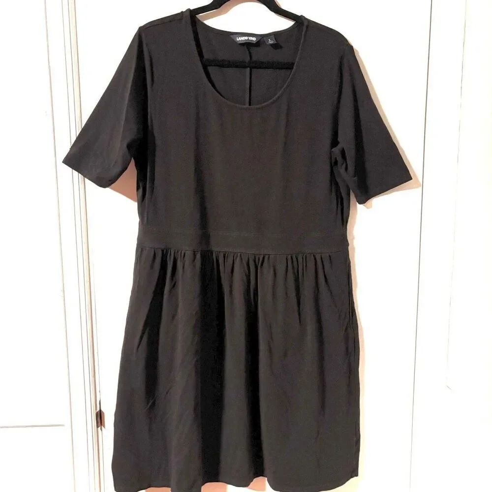 Lands’ End L simple black dress pockets cotton blend